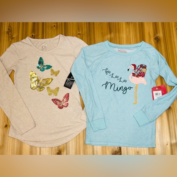NEW Set of 2 Long Sleeve Shirts size 10/12 Medium Butterflies & Holiday Flamingo - Picture 11 of 16